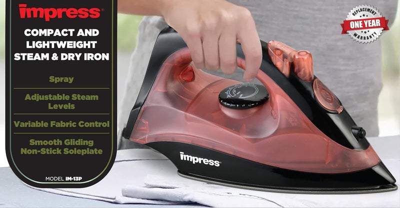 Impress Basic Clothing Iron | Non-Stick | Compact | Spray | Adjustable Steam | Fabric Selector | Swivel Cord | Lightweight | 1200-Watt (Marsala) - Image 2
